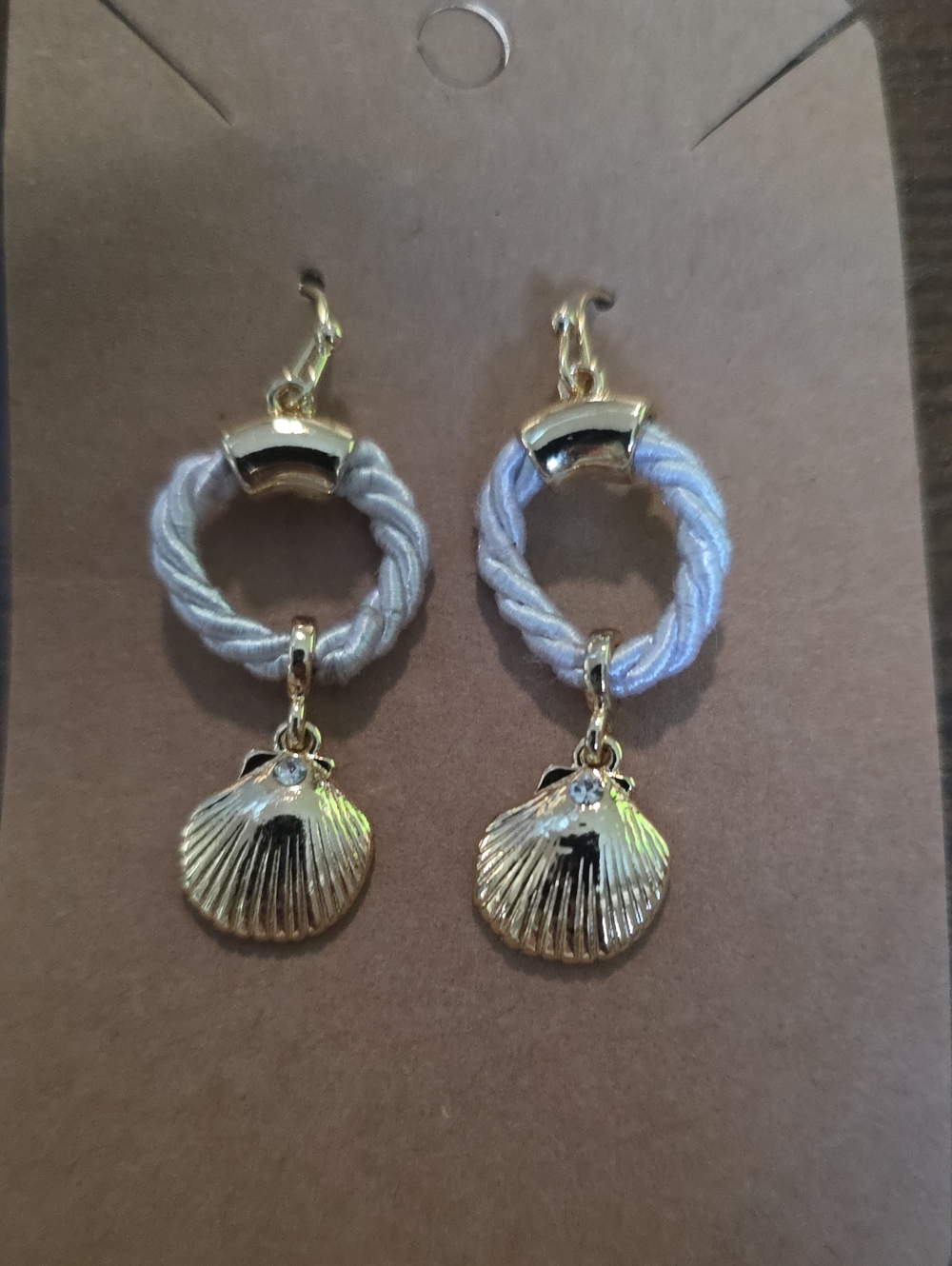 Gold Seashell Drop Earrings with White Rope Accent
